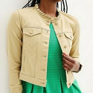 DRAPER JAMES Tan Denim Jacket Ruffle Collar Feminine Casual Minimalist